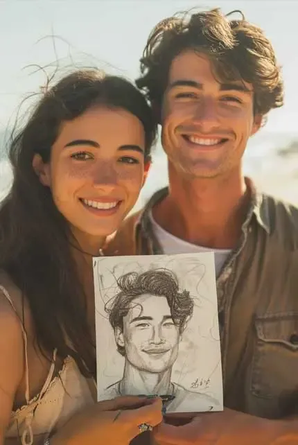 Woman and partner holding accurate soulmate drawing